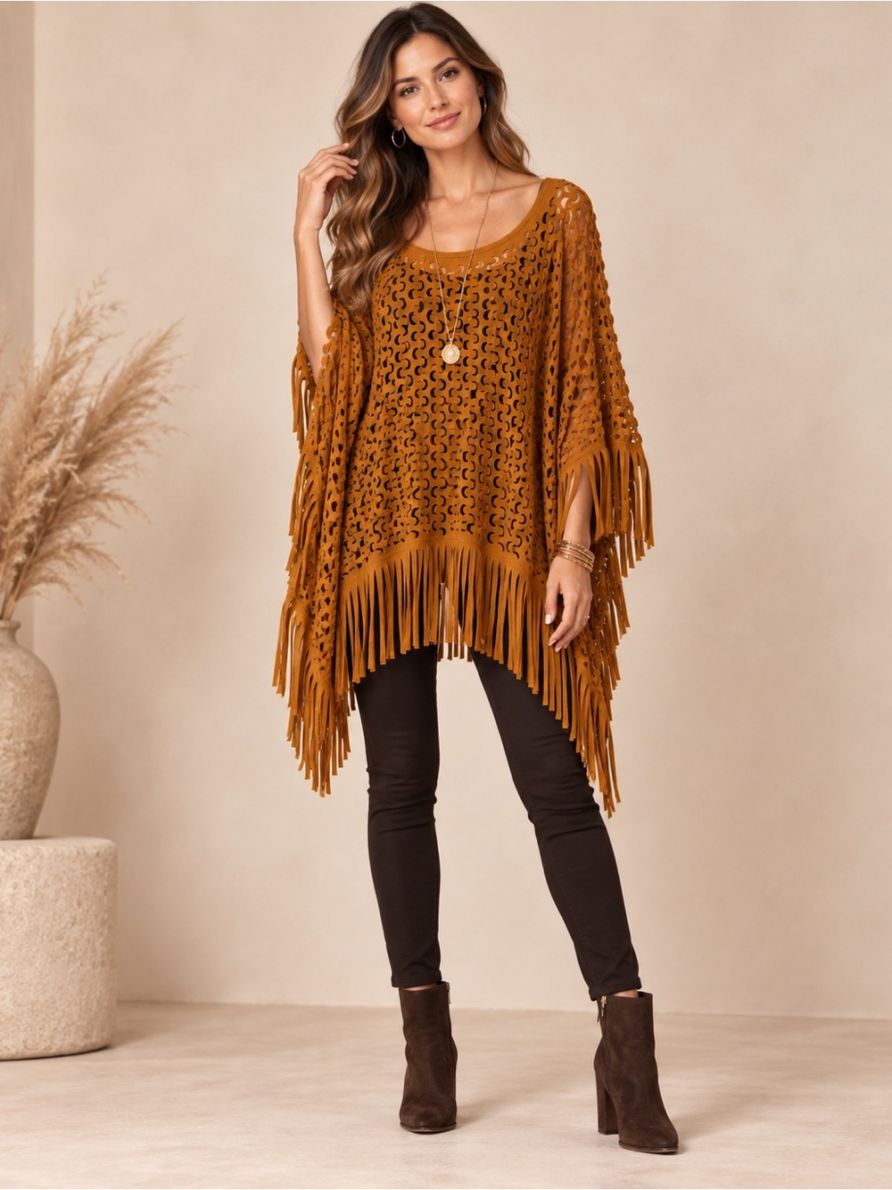 Adore Open-Knit Fringe Poncho in Mustard Brown.
Brand new, never worn, and in be
